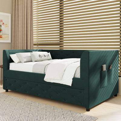 Lit de jour simple capitonné en velours capitonné avec couchette, vert