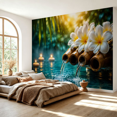Wall Mural Peel and Stick Wallpaper Serene Spa Setting Bamboo Fountain Frangipani Flowers Candlelight Self-Adhesive Removable Contact Paper Wall Decor for Living Room Bedroom 69"H x 96"W