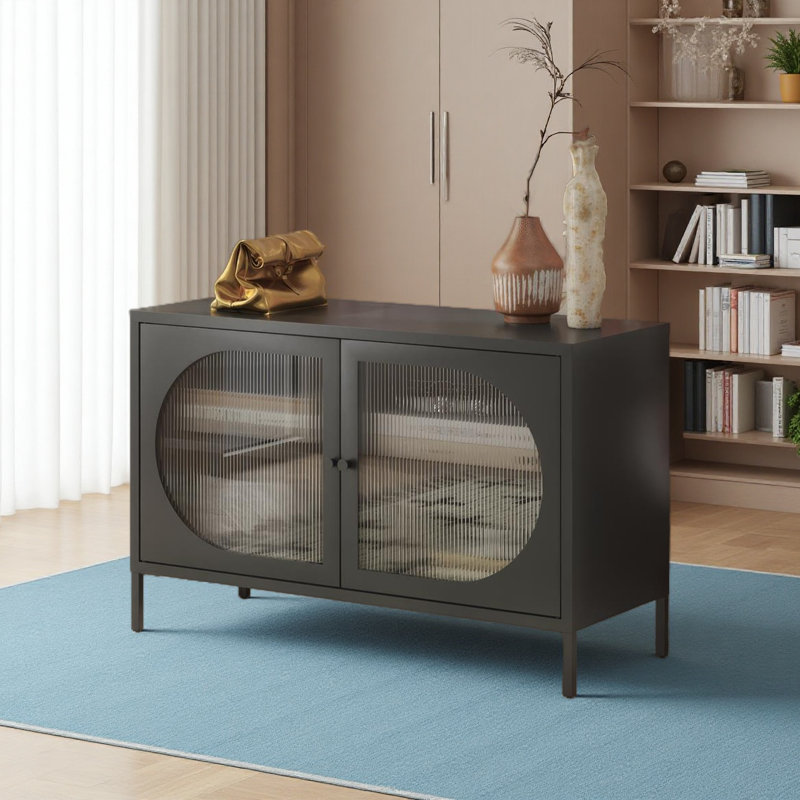 Large armoire d'appoint 2 portes avec verre cannelé, Noir