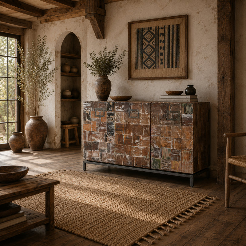 Buffet en bois massif récupéré avec base en fer Braun - Armoire de rangement rustique à 3 portes 