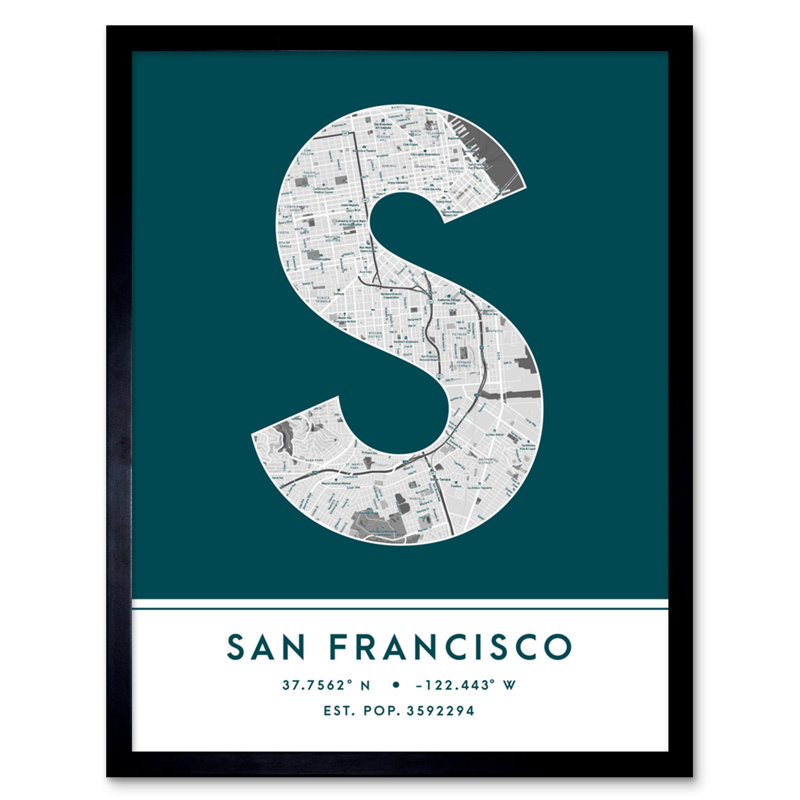 San Francisco City Map San Francisco Teal by Wee Blue Coo - Single Picture Frame Typography
