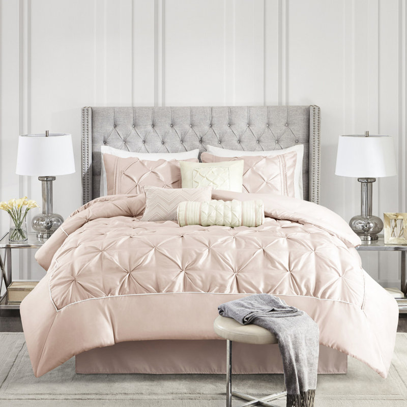 Édredon très grand rosé 7 pièces - magnifique édredon, taies décoratives, coussins décoratifs, jupe de lit lavable à la machine taille élégante ornementation vapeur