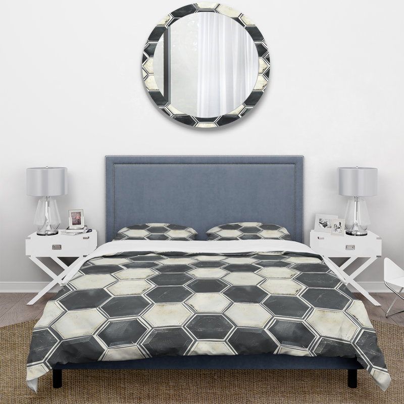 Ensemble de housse de couette noir et blanc Hexagon II - Mid-Century, Housse de couette très grand + 2 taies décorativ