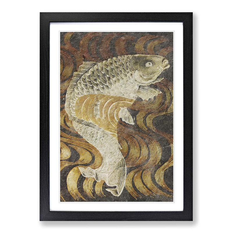 A Carp Fish Swimming Upstream - Single Picture Frame Painting, 63cm H x 45cm W x 2cm D, Black Framed