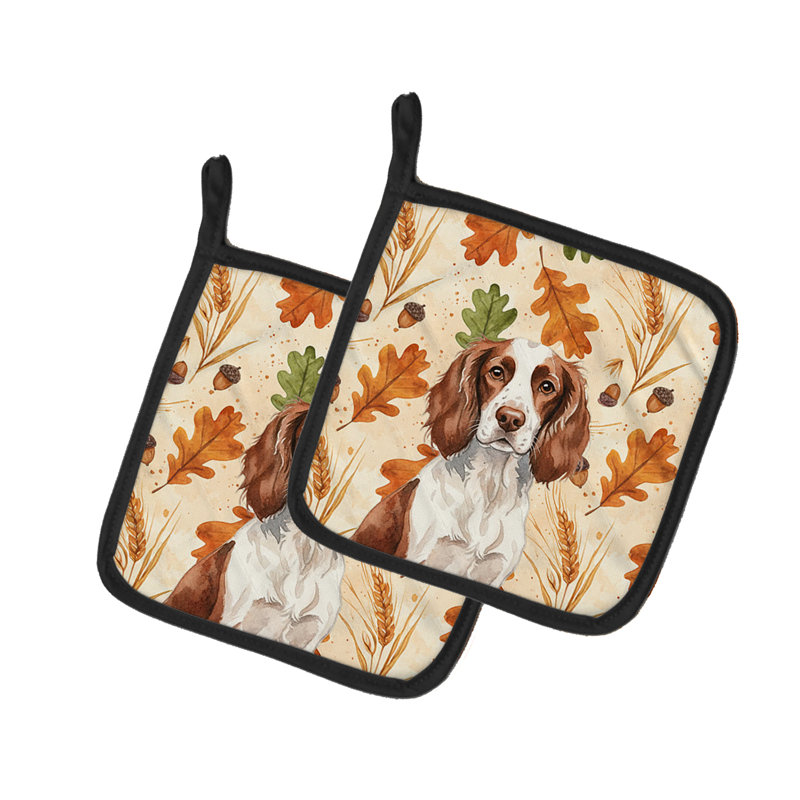Liver and White English Springer Spaniel Heirloom Fall Pair of Pot Holders