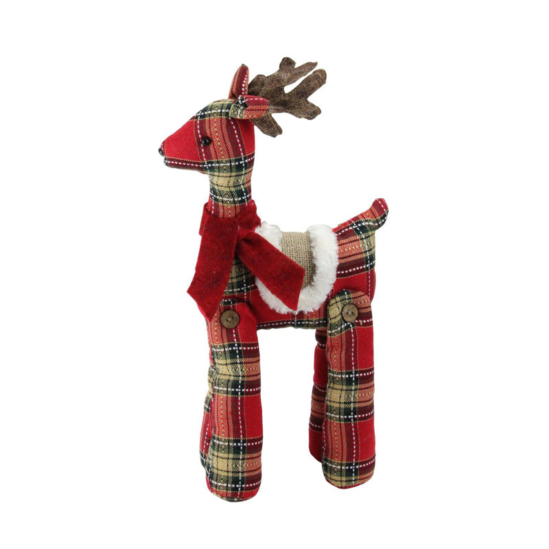 Décoration de Noël renne à carreaux rouge et brun 16,5 po