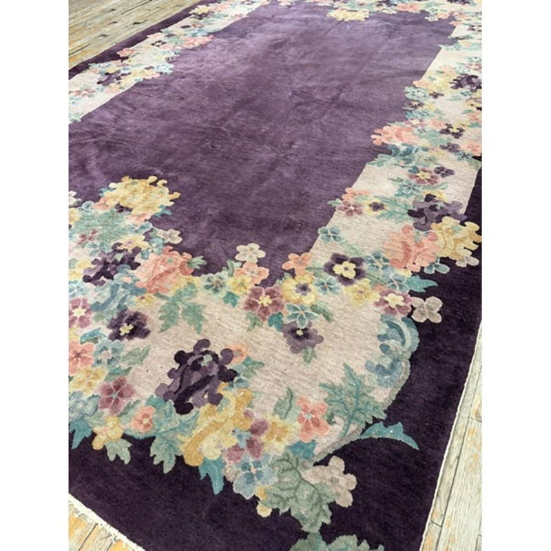 1920s Antique Purple Open Field Chinese Handknotted Art Deco Wool Room Size Rug
