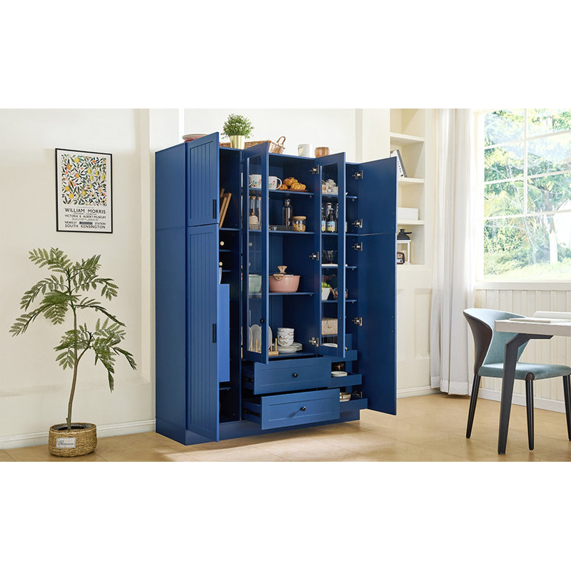 Grand garde-manger moderne avec 6 portes, armoire de rangement l 53,2 po x l 17,7 po avec tiroirs, tablettes réglables, plateaux coulissants et support à vin pour salle à manger, blanc
