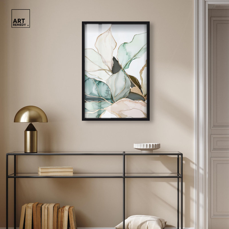 «Pastel Leaves with Gold III Shadowbox Print», art floral élégant par Art Remedy, H 31 po x l 21 po, Noir