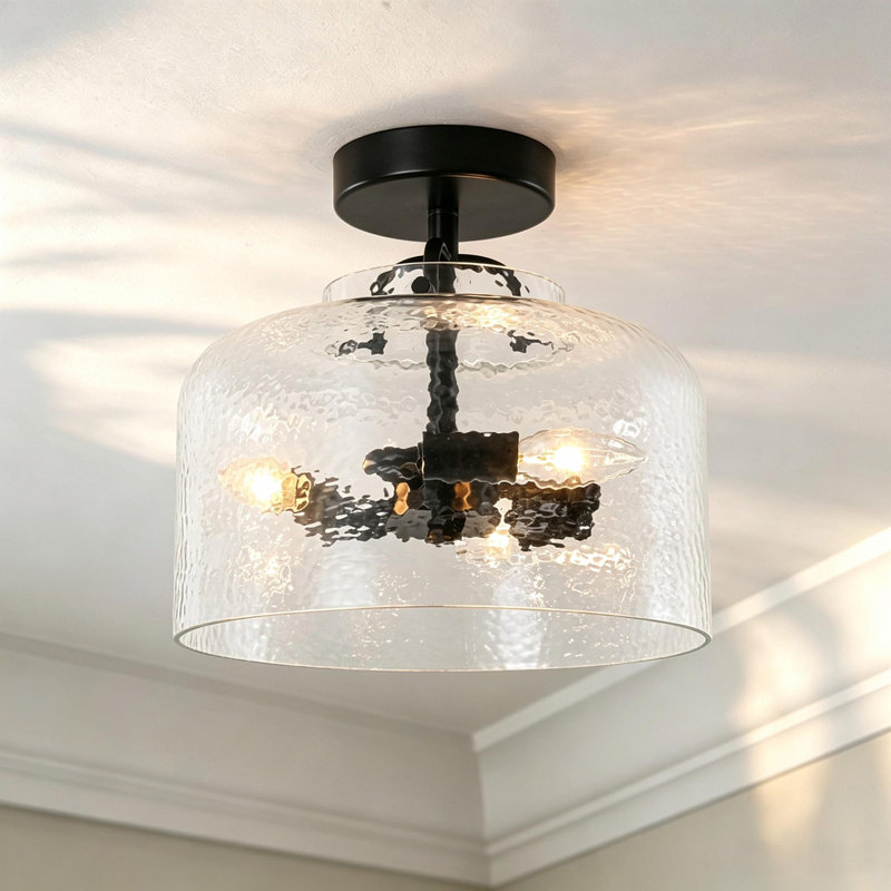 3 - Light Matte Black Flush Mount Ceiling Light With Clear Hammered Glass