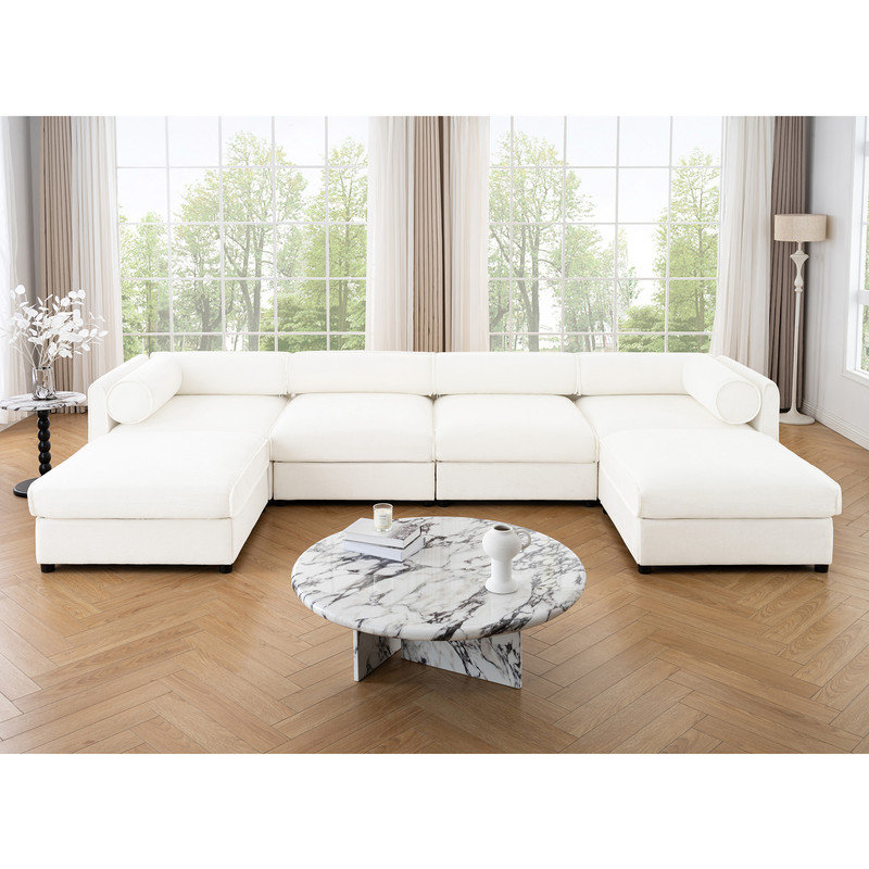 Élégant canapé en chenille avec siège de rangement et repose-pieds, Blanc, H 27,9 po x l 109 po x P 75 po