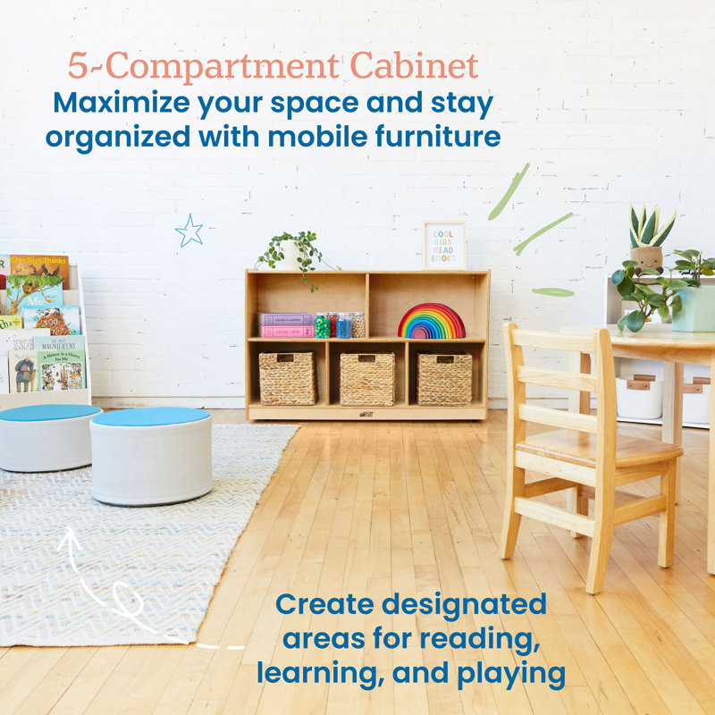 Birch Harmony 5-Compartment Mobile Storage Cabinet in Natural Finish