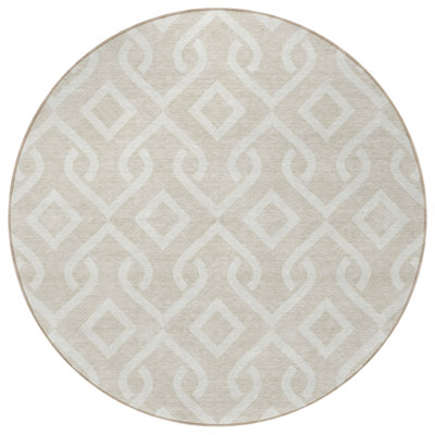8' Beige And Ivory Round Geometric Washable Indoor Outdoor Area Rug