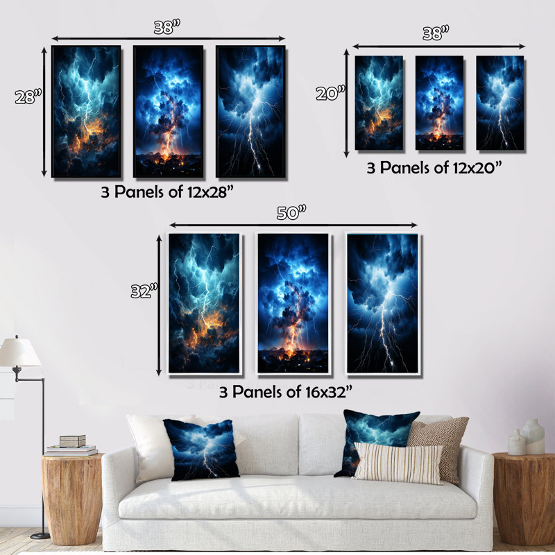 «Lightning Ethereal Lightning», 3 pièces sur toile, H 32 po x l 48 po, Cadre flottant blanc