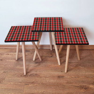 Ensemble de 3 tables gigognes modernes | Motif à carreaux en rouge, noir et jaune | 100% panneau de fibres à densité moyenne avec pieds en bois de hêtre | Grande table: 13,8 x 20,5 x 13,8 po, moyenne: 13,8 x 18,5 x 13,8 po, petite: 13,8 x 16,5 x 13,8 po | Élégant et polyvalent pour la décoration intérieure