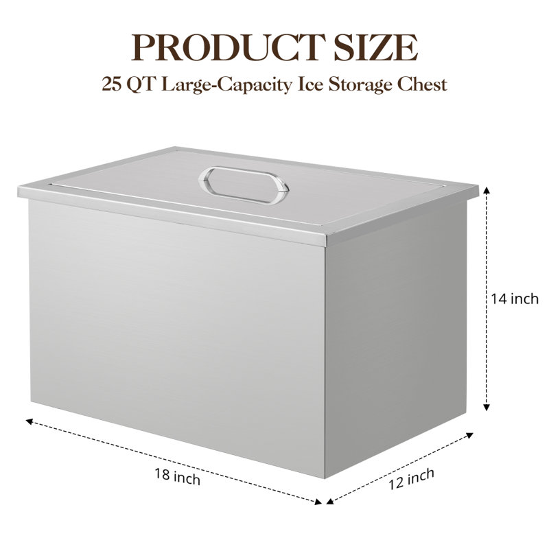 Drop in Ice Chest, Stainless Steel Ice Cooler with Hinged Cover, Outdoor Kitchen Ice Bar, 45 QT Commercial Ice Bin with Drain-Pipe and Drain Plug for Cold Wine Beer, 20'' x 16'' x 13''