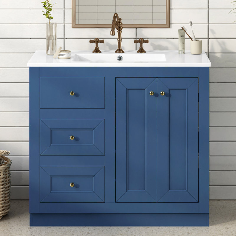 Meuble-lavabo autoportant de 36 po avec lavabo en céramique, armoire de rangement avec 2 tiroirs et tablette en bois massif et panneau de fibres à densité moyenne