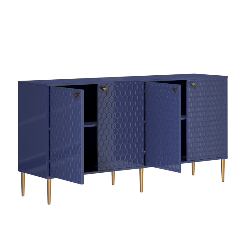 Kuo 64" Wide Sideboard With 4 Door High Gloss Cabinets, Blue/Gold