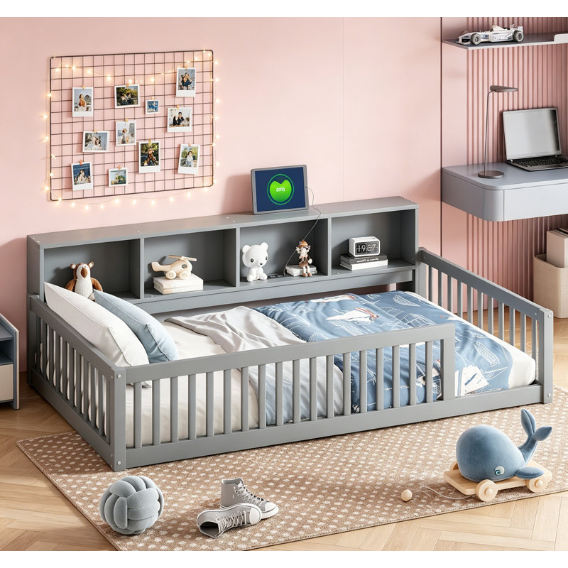 Lit en bois simple TG avec armoires de rangement et ports USB, gris, conception compacte pour les chambres modernes