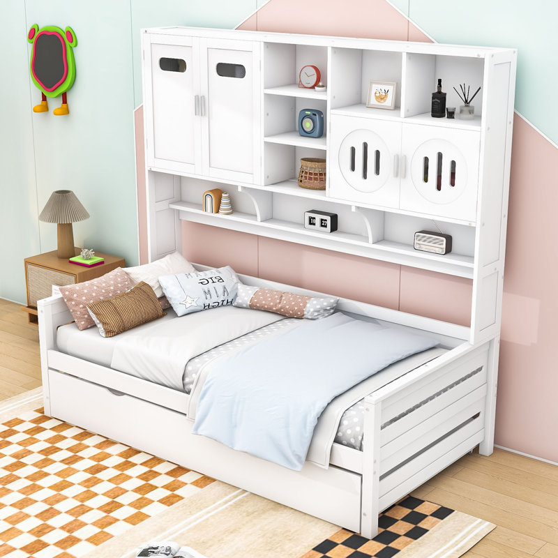 Daybed with Trundle, Shelves and All-in-One Cabinet, Twin, White