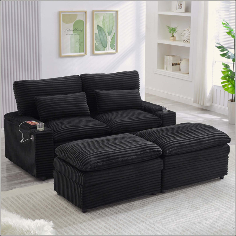 Canapé-lit modulaire à combinaison libre avec causeuse avec espace de rangement, deux repose-pieds mobiles, quatre ports USB et deux porte-gobelets pour le salon