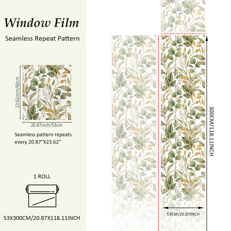 Plantes et fleurs Autocollant pour fenêtre d'intimité, 20.87" H x 118.11" W