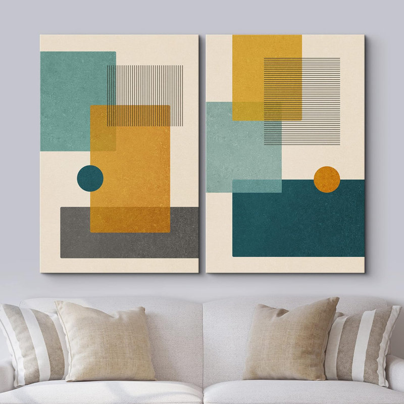 Abstract Vibrant Color Blocks " Teal And Yellow Polygon Abstract Shapes Modern Chic " 2 - Pieces, Wrapped Canvas