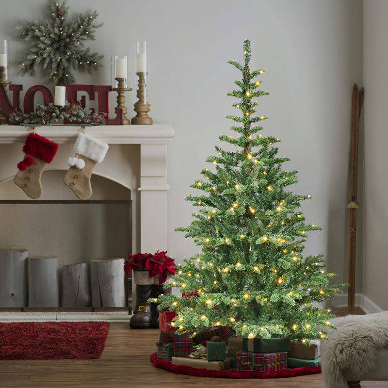 Arbre de Noël artificiel pré-éclairé avec lumières DEL blanc chaud et base en bois unique, 8'