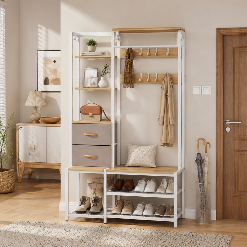 120 cm W Hall Tree with Storage Bench and Shoe Storage, Beige