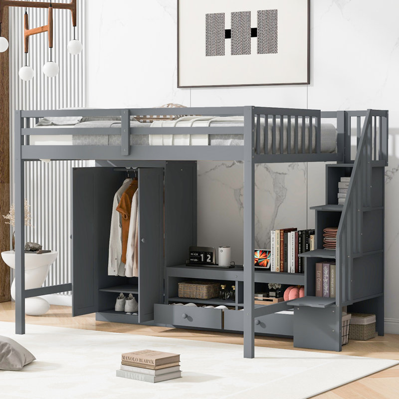 Loft Bed Frame With Wardrobe, Gray