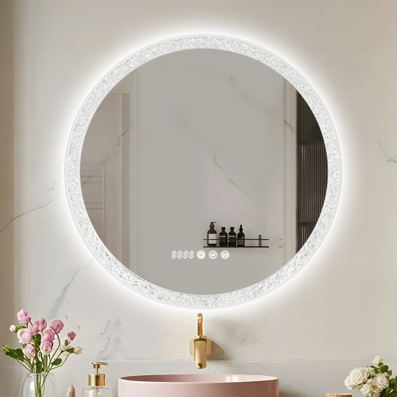 Crushed Crystal Decor Round LED Bathroom Vanity Mirrors with Anti-Fog, Dimmable Lights, and Shatterproof