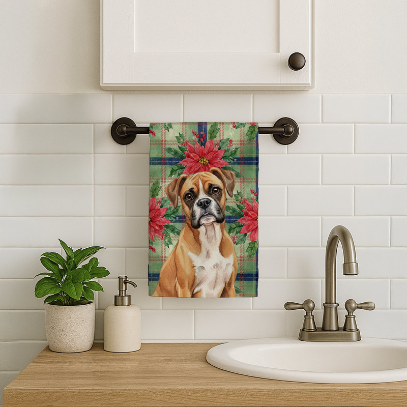Boxer Christmas PoinsettIas Kitchen Towel, Brown/White Boxer