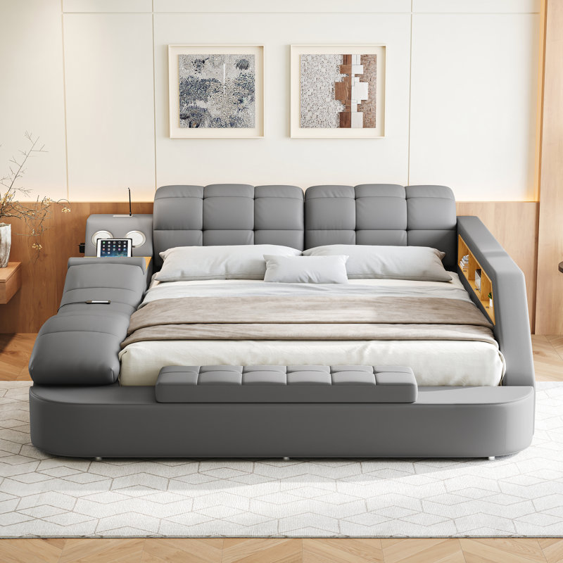 Multi-Functional Bed, Solid Wood Frame and Faux Leather Upholstery, Remote-Controlled Massage Recliner on the Left, Modern LED Lights, Bluetooth Speakers, USB Charging Ports, Adjustable Backrest