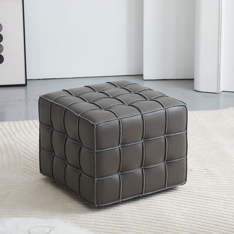 17.32 Wide Elegant Genuine Leather Tufted Ottoman Footstool - Modern Square Accent Stool for Living Room, Bedroom, & Kids Room