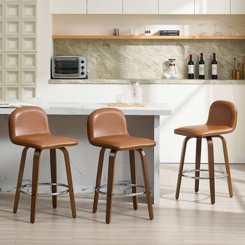 Swivel Upholstered Stool, Counter Stool (26" Seat Height), Brown Leather/ Brown Frame
