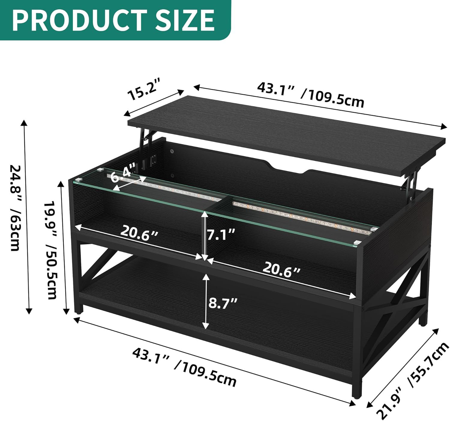 Latitude Run® Lift Top Coffee Table, LED Coffee Table With Hidden ...