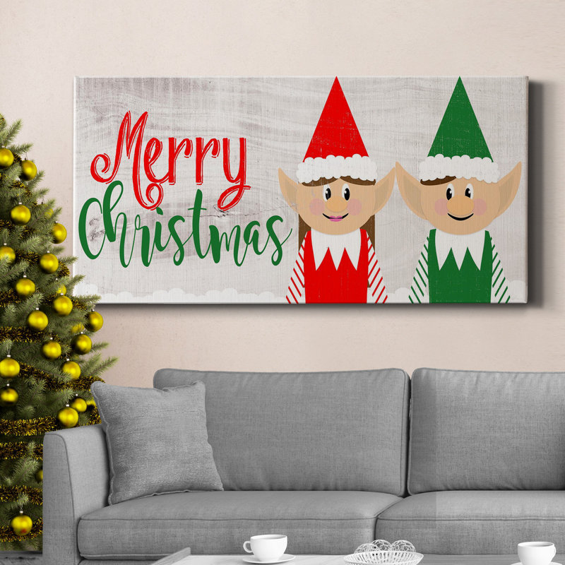 Christmas Elf Couple - Toile tendue avec châssis de qualité supérieure, prête à être accrochée, H 16 po x l 8 po x P 1 po