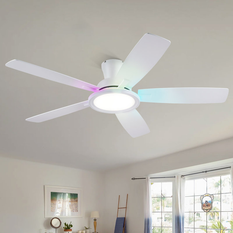 52" Flush Mount Ceiling Fan With Lights And Remote Control, Reversible And 5 Dual-sided Blades, White-RGB