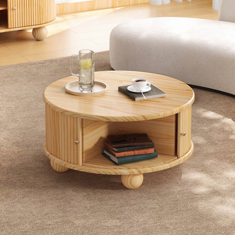 Round Fluted Coffee Table with Hidden Storage and Sliding Door