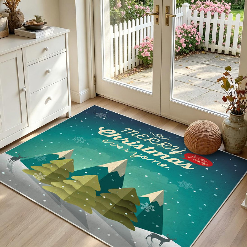 Tapis d'intérieur vert lavable à la machine, motif scène de nuit de Noël enneigée, Rectangle 55 po x 79 po