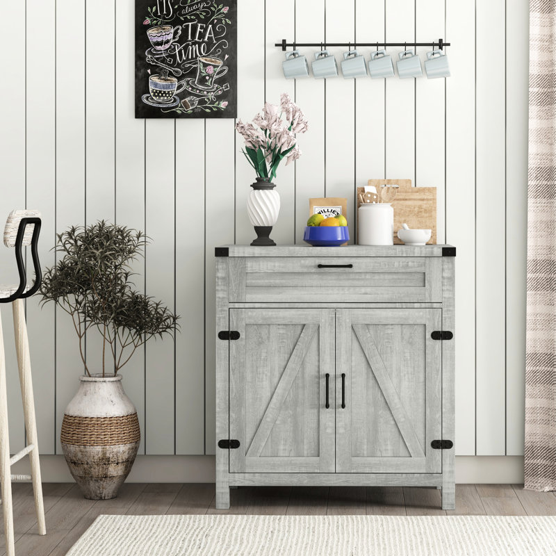 Buffet buffet, armoire de cuisine grise avec rangement pour ustensiles et assiettes, armoire de maison de conception moderne, portes de buffet, espaces de salle à manger