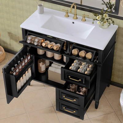 Meuble-lavabo de 36 pouces avec comptoir en céramique, structure en bois massif et armoire en panneau de fibres à densité moyenne, tiroir rabattable avec tablette réglable et poignées en métal, armoire de rangement autoportante (robinet non inclus)