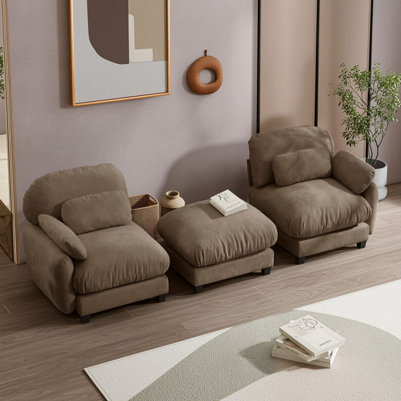 Canapé d'angle modulable deux places avec pouf, Brun