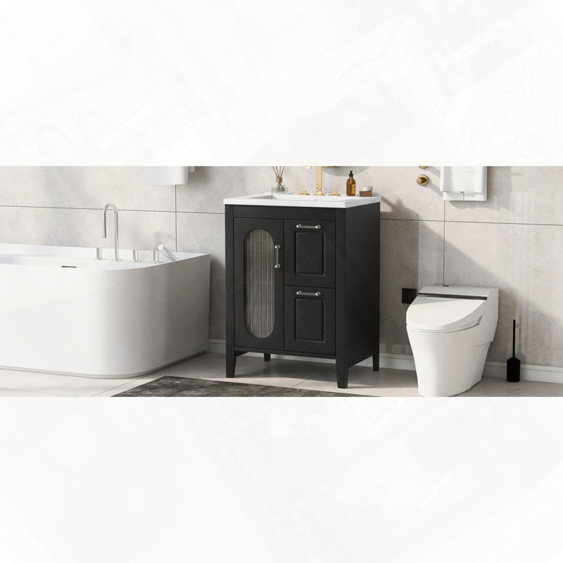 Meuble-lavabo de salle de bain avec porte à deux tiroirs et tablette réglable, Noir