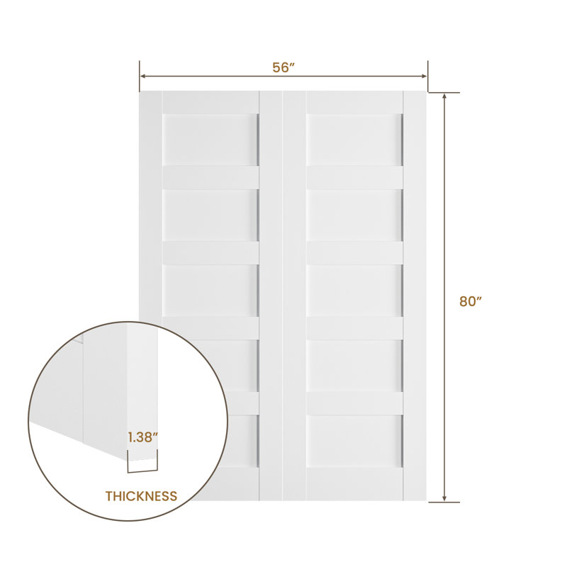 Porte en bois manufacturé double à 5 panneaux apprêtés sans ensemble de quincaillerie, 56 po x 80 po