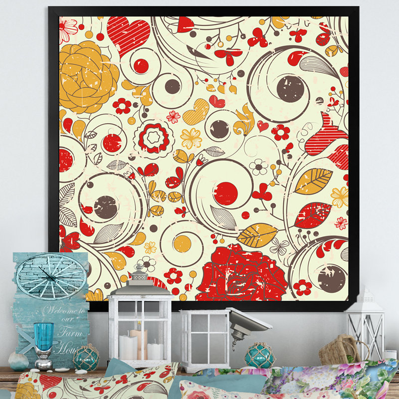 Fleurs rétro en rouge et orange - œuvre d'art traditionnelle sur toile, H 16 po x l 16 po x P 1 po