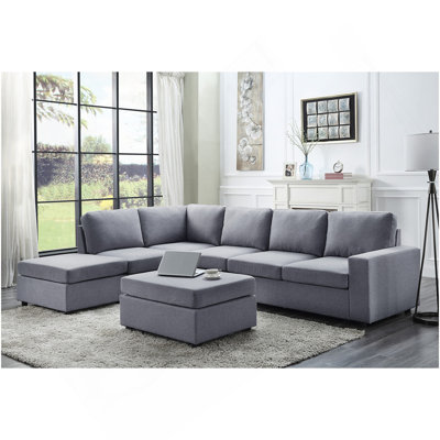 Cassia 120" Light Gray Linen 7 Seat Reversible Modular Sectional Sofa With Ottoman