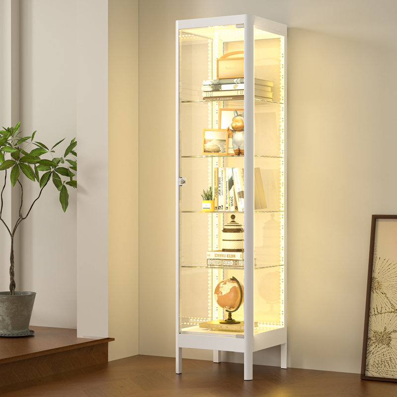 Vitrine 63 po en verre trempé avec tablettes réglables, éclairage RVB, verrouillable, Blanc