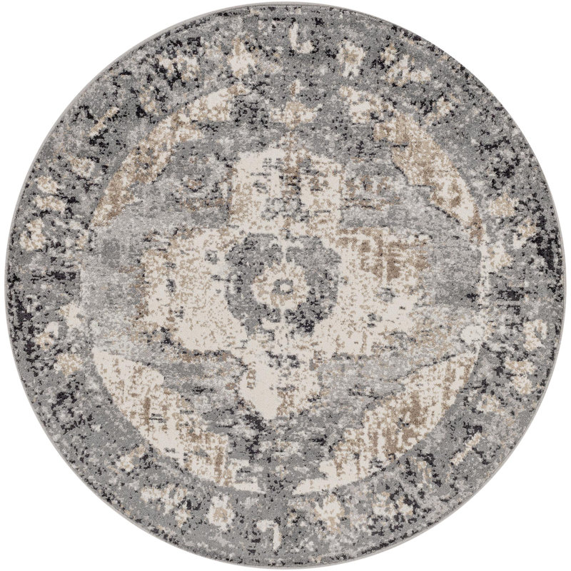 Addisyn Machine Woven Oriental Charcoal Area Rug, Round 7'10"