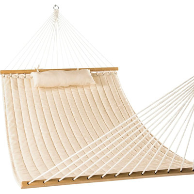 Double Quilted Fabric Hammock With Spreader Bars And Detachable Pillow, 2 Person Hammock For Outdoor Patio Backyard Poolside, 450 Lbs Weight Capacity, Natural